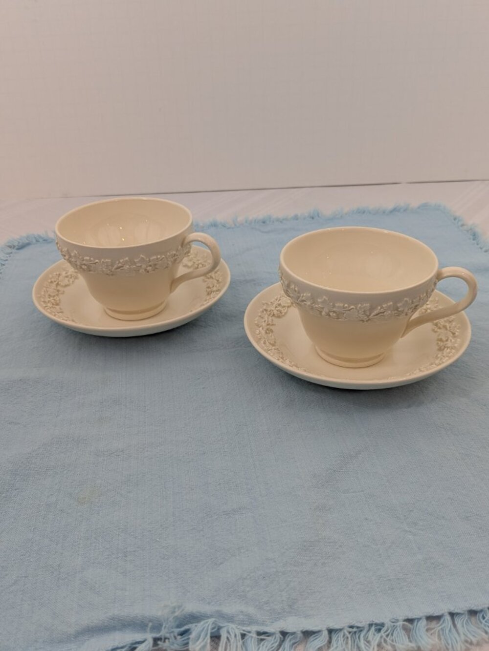 Vtg Wedgwood Queensware Cup and Saucer Set Cream on Cream Embossed Grape Vine